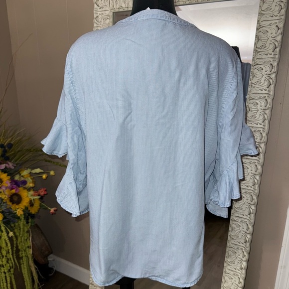 Ruby Rd. • Pinstripe Flutter Sleeve Chambray Blouse - Picture 9 of 11